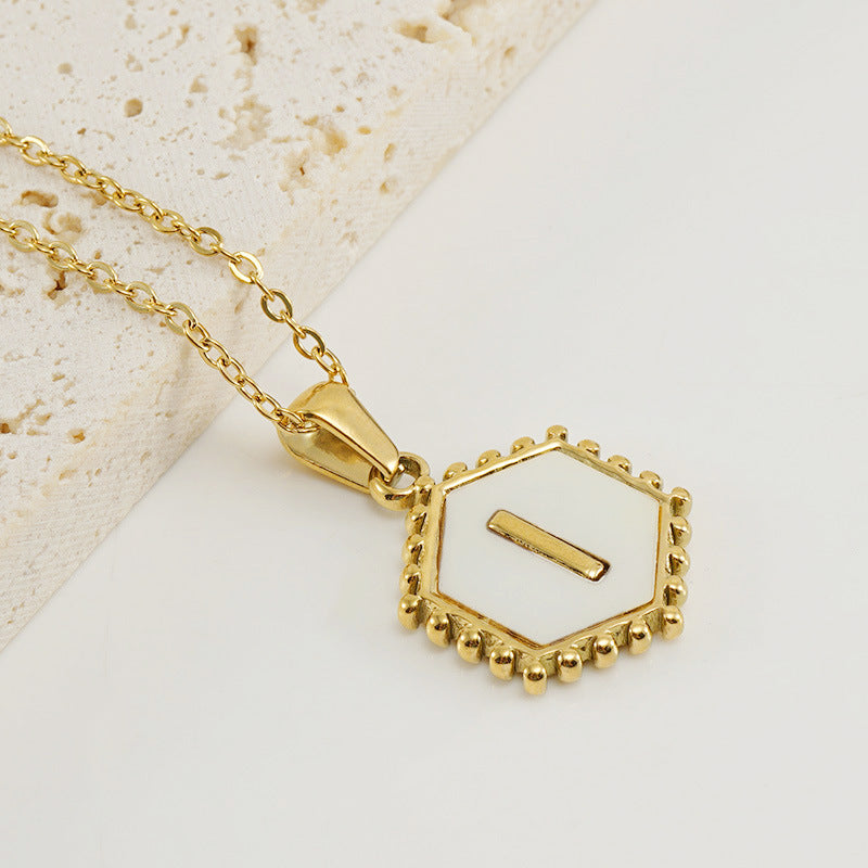 Wholesale Stainless Steel Plated Hexagonal Natural Shell Letter Pendant 18K Necklace