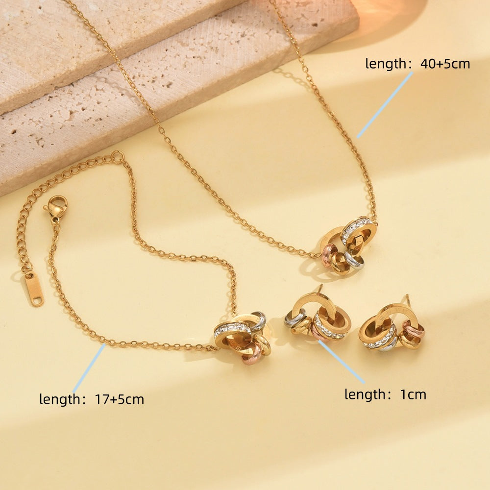 Wholesale Stainless steel gold double ring linked artificial zircon necklace  bracelet  and earrings