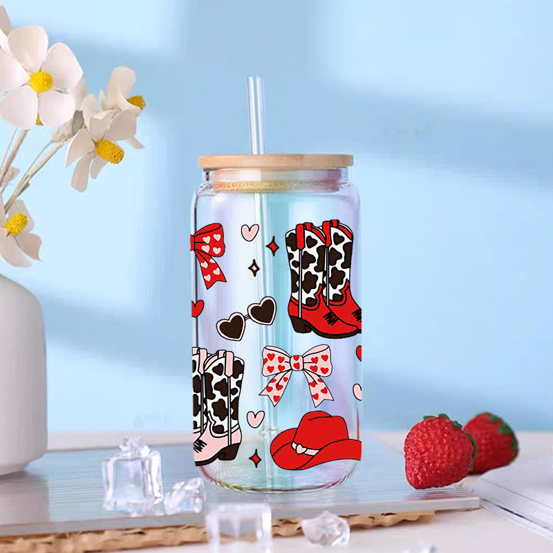 Wholesale Western style cow head boots sunflower  16oz Cup UV DTF Wraps