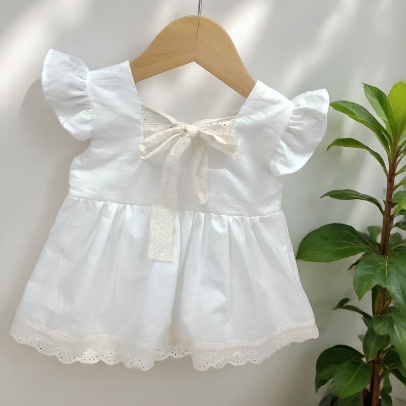 Wholesale Trendy Baby Girl Summer Dress Princess Lace Square Collar Cotton Toddler Party Wear Boutique Clothing
