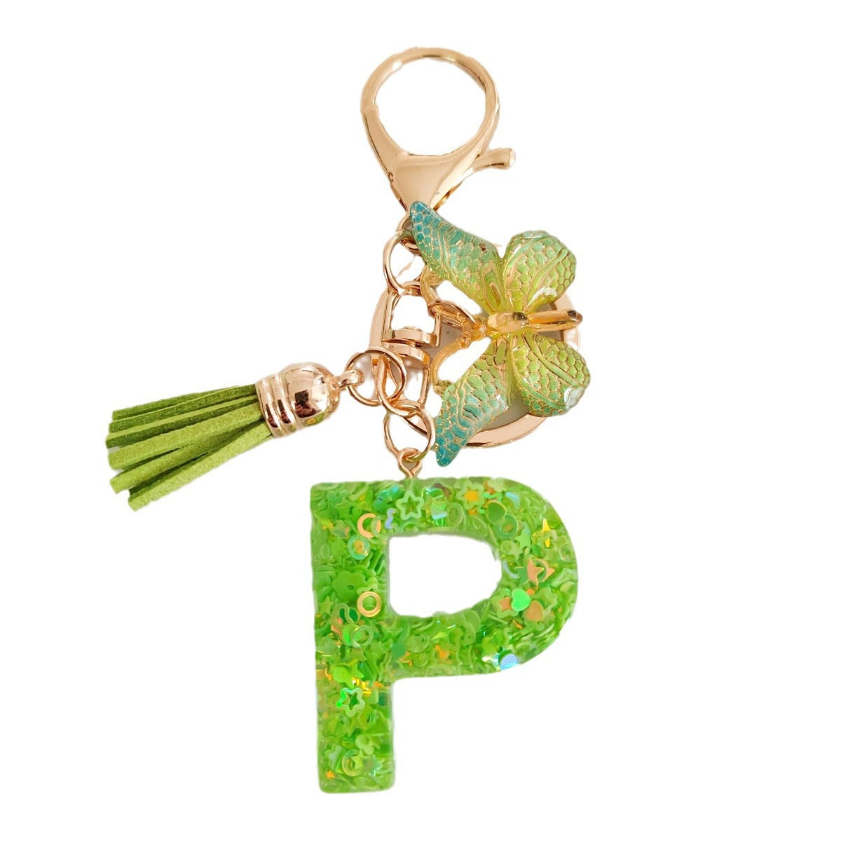 Wholesale 26 English Alphabet Keychain Pendant Green Star Glitter Resin Pendant  Key Chain