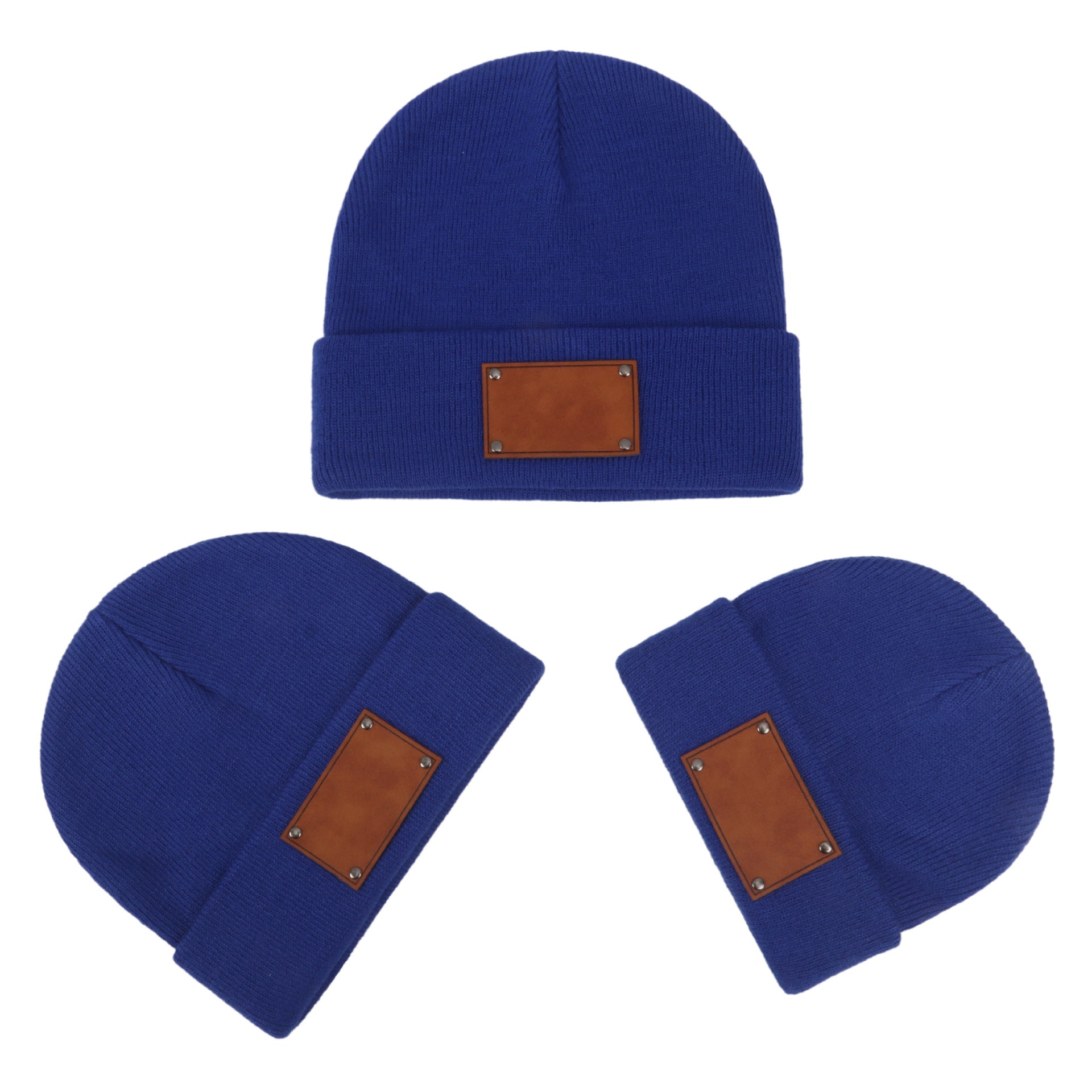 Wholesale Fashion Retro Infant and Toddler Children Blank Engravable Leather Label Knitted Warm Pullover Beanie
