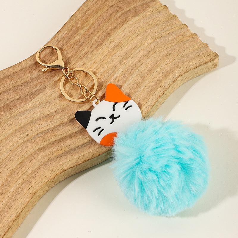 Wholesale Cartoon Three Flower Cat Pom Pom Keychain