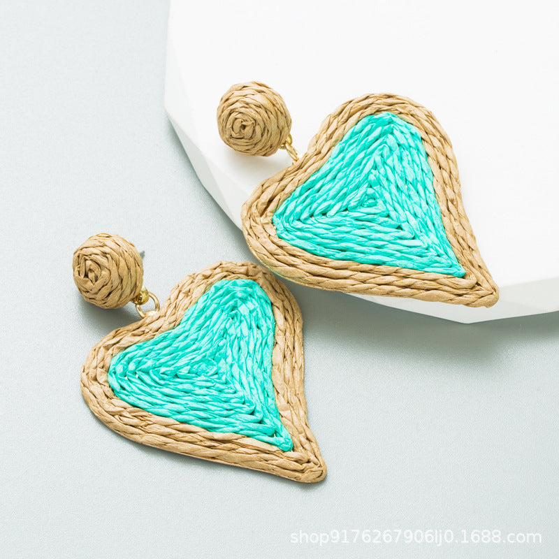 Wholesale Heart-shaped Handcrafted Rattan Woven Creative Geometric Earrings