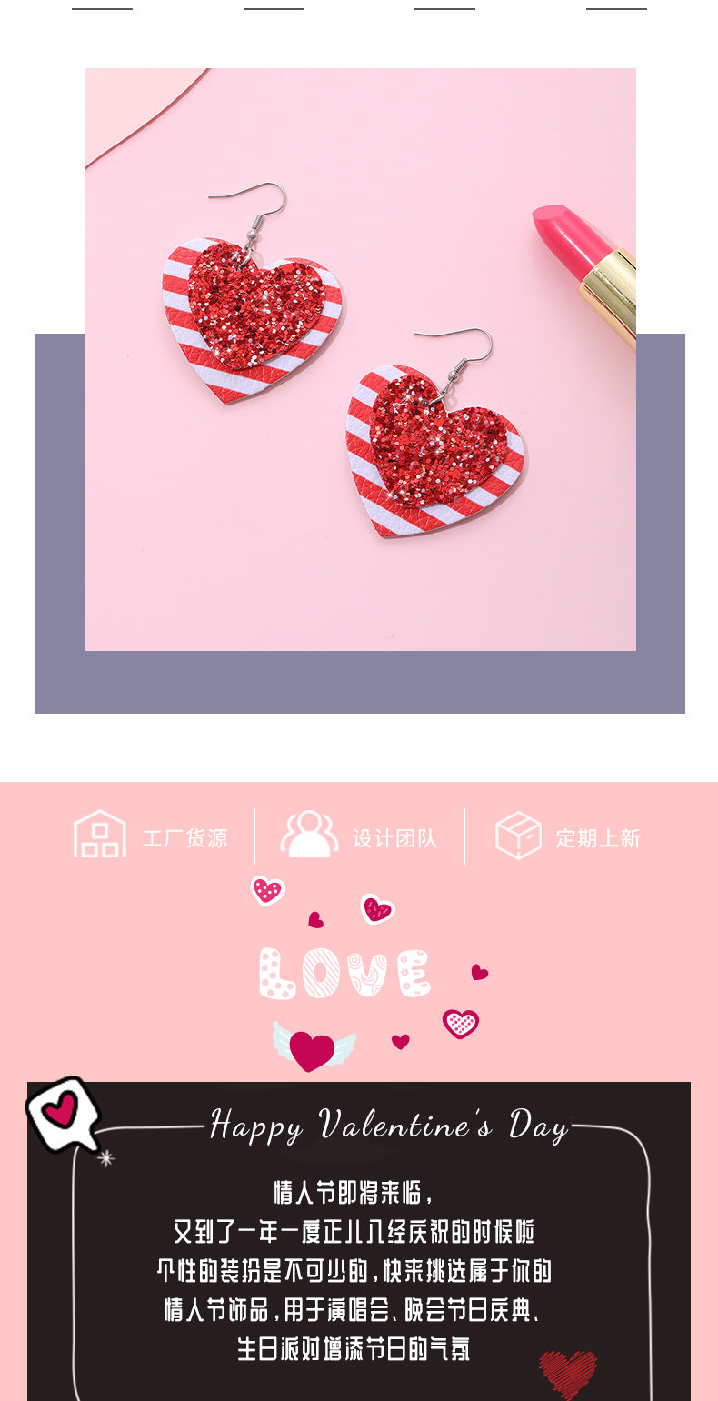 Wholesale Valentine's Day Love Shaped Red and White Striped Sequins Glitter Leather Earrings