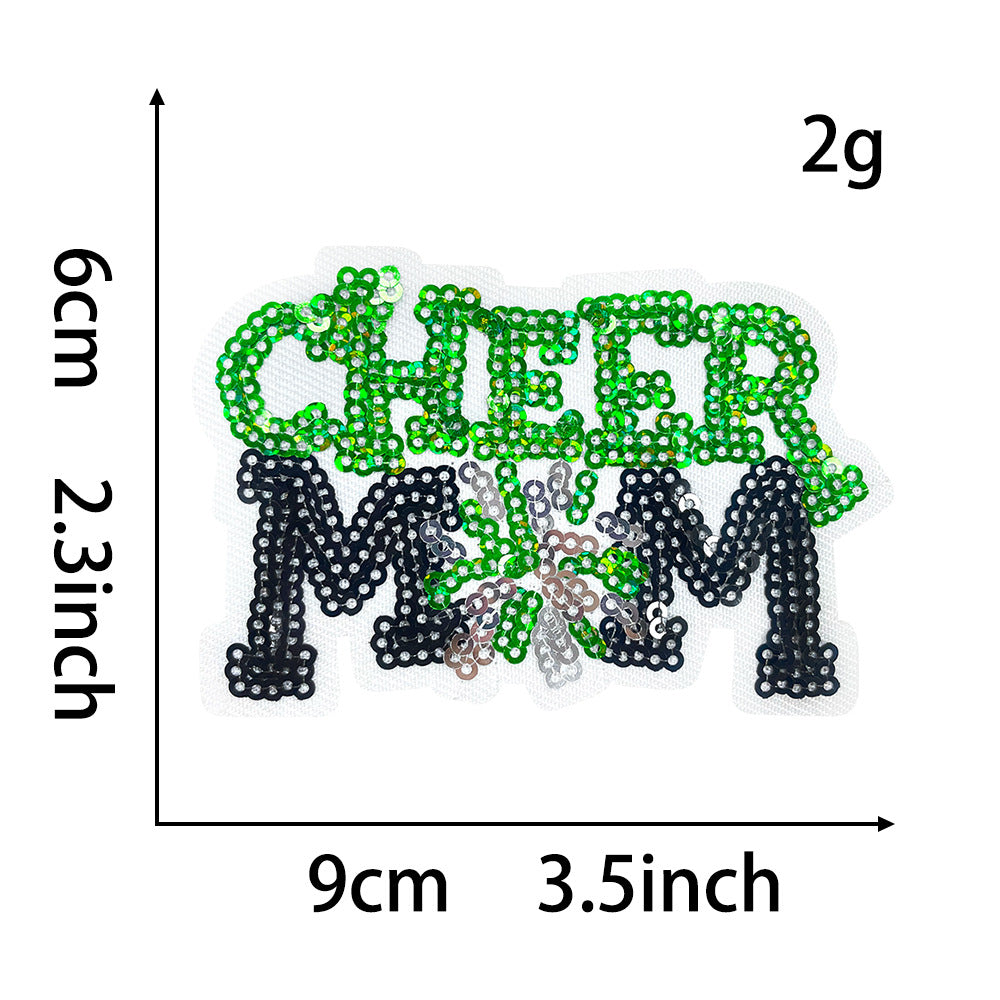 Wholesale Cheer Mom Sequin Patch Small Green Iron On Embroidery Applique For ets Stylish Fashion Accessory