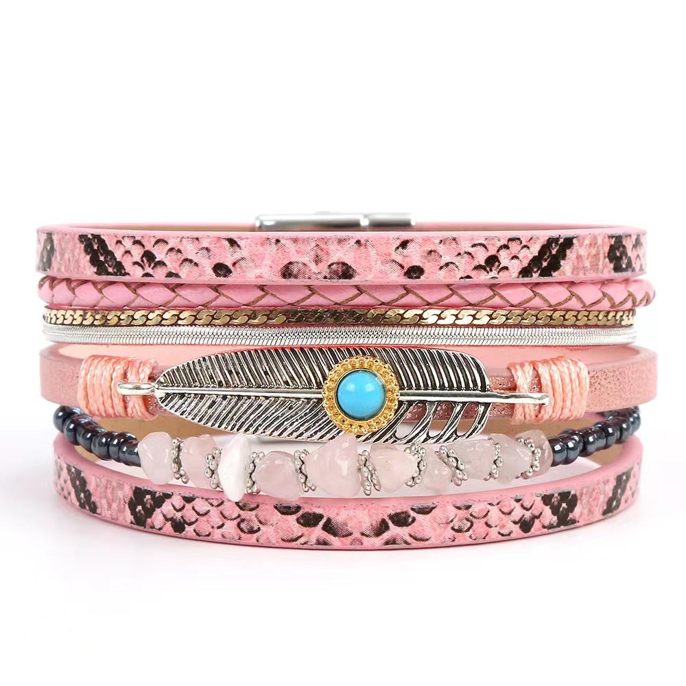 Wholesale Vintage Feather Blue Turquoise Gravel Multi-Layer Leather Bracelet