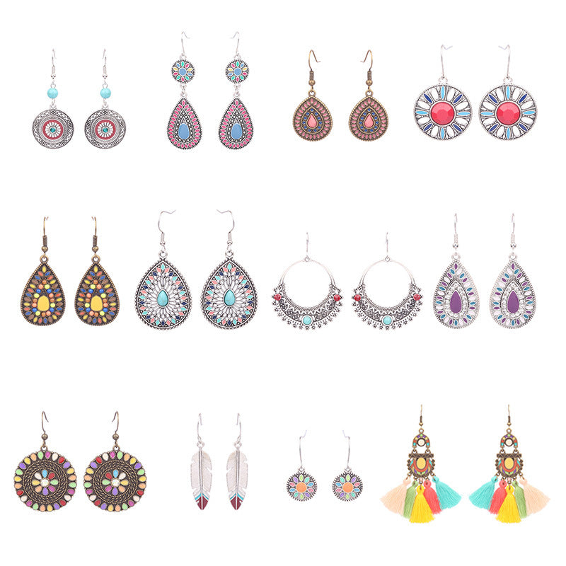 Wholesale Retro Tassel Hollow Alloy Oil Dripping Earrings Set