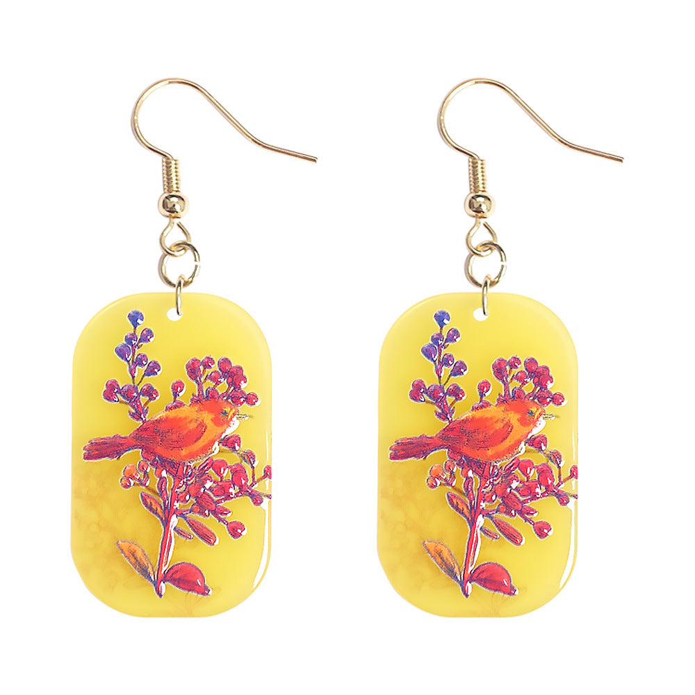 Wholesale Artistic painted relief flower and bird earrings