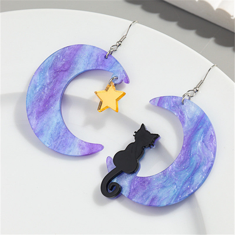 Wholesale Asymmetric Acrylic Moon Cat Creative Exaggerated Earrings