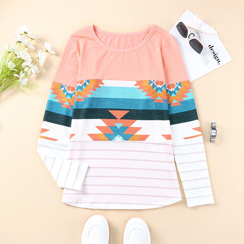 Wholesale Women's Contrasting Long Sleeved Round Neck Striped Polyester Pullover