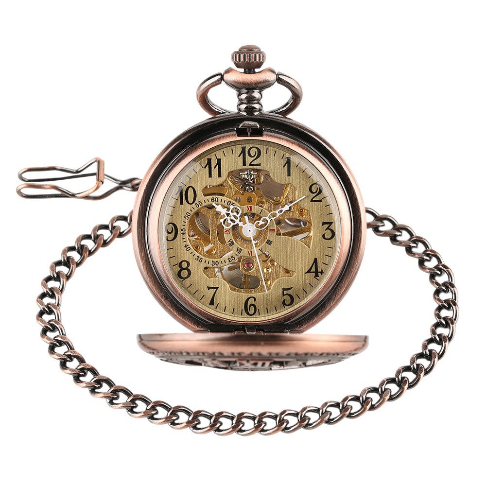 Wholesale New Retro Flip Hollow Necklace Pocket Watch Red Bronze Hollow Gear Roman Face Men's and Women's Mechanical Pocket Watch