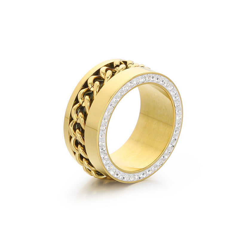 Wholesale Fashion Hip-hop Side Diamond Chain Atmospheric Gold Wide Face Full Diamond Stainless Steel Rings