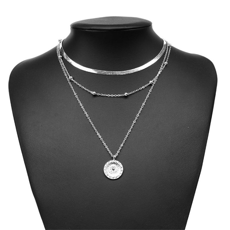 Wholesale Simple Multi-layer Lotus Pendant Gold Bead Disc Blade Chain Necklace Chain