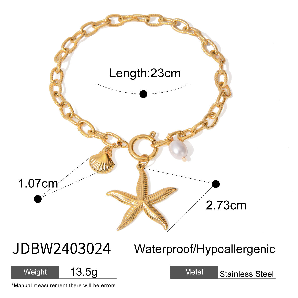 Wholesale Summer Ocean Starfish Shell Conch 18k Gold Stainless Steel Bracelet