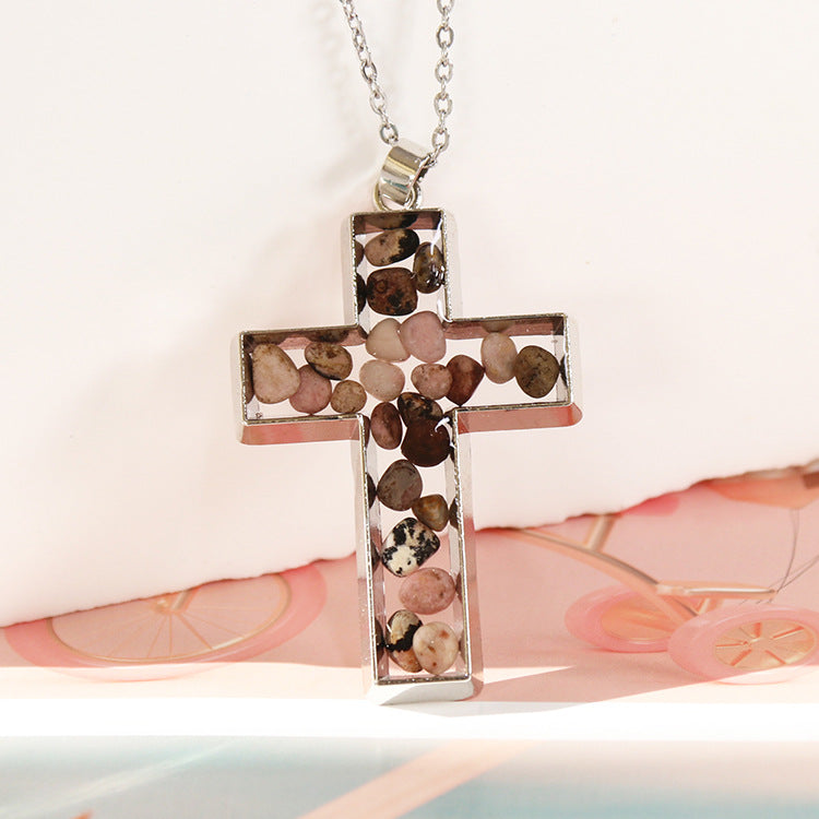 Wholesale Natural Peacock Stone Cross Necklace