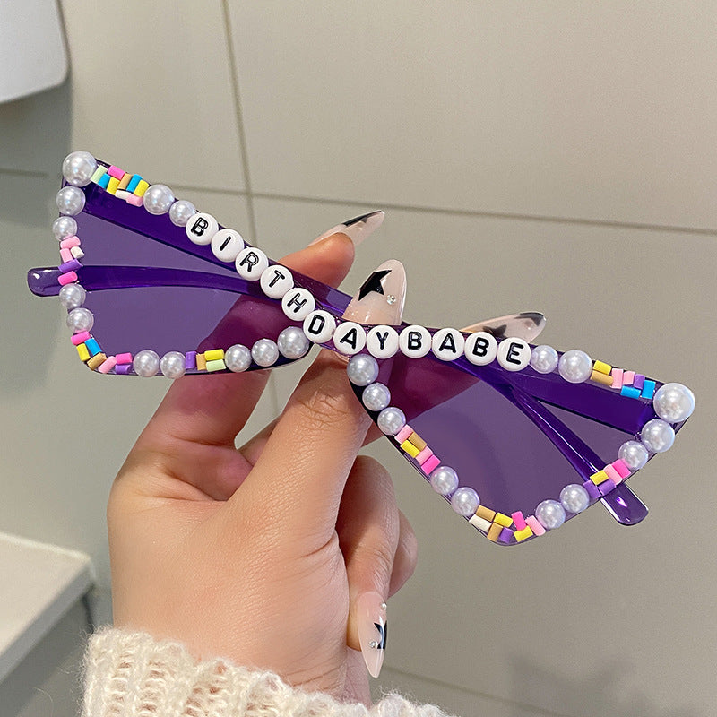 Wholesale Full Diamond Bow Colored Small Frame Birthday Letter Sunglasses