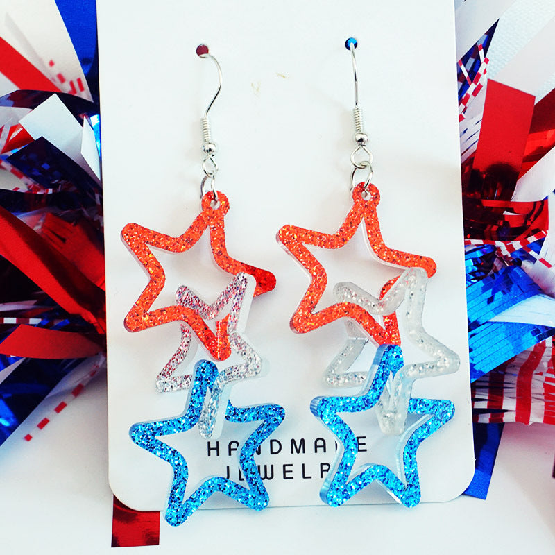 Wholesale 2Pairs/pack Independence Day 3D Rotating Mirror Love Five-pointed Star Earrings
