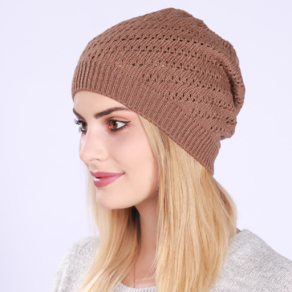 Wholesale Autumn and Winter Single Layer Thin Pleated Hollow Knitted Beanie