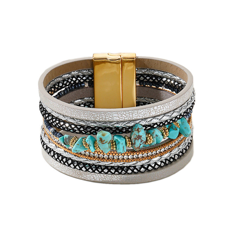 Wholesale Bohemian Turquoise Beaded Leather Bracelet
