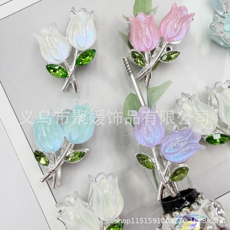 Wholesale 20pcs double-sided tulip flower color plated diamond four hole beads