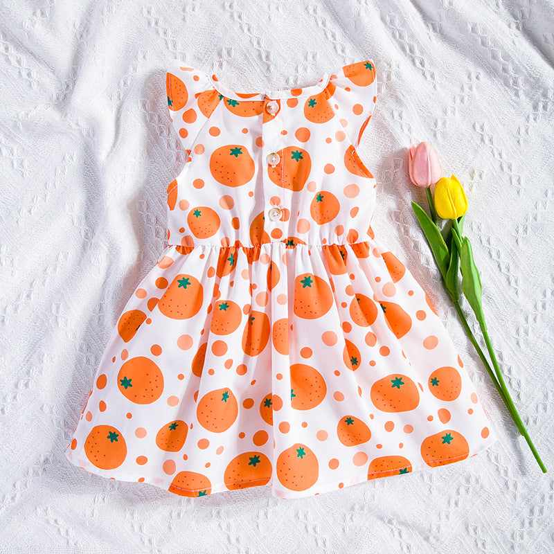Wholesale Trendy Baby Girl Orange Fruit Print Summer Dress For Toddlers Polyester Party And Everyday Wear