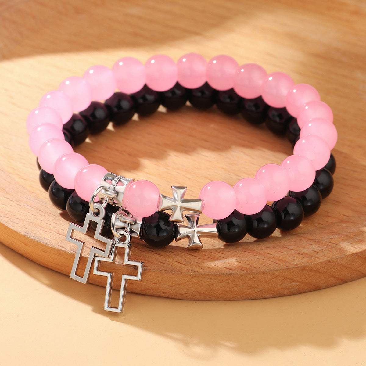 Wholesale Stainless Steel Hollow Cross Glass Beaded Bracelet
