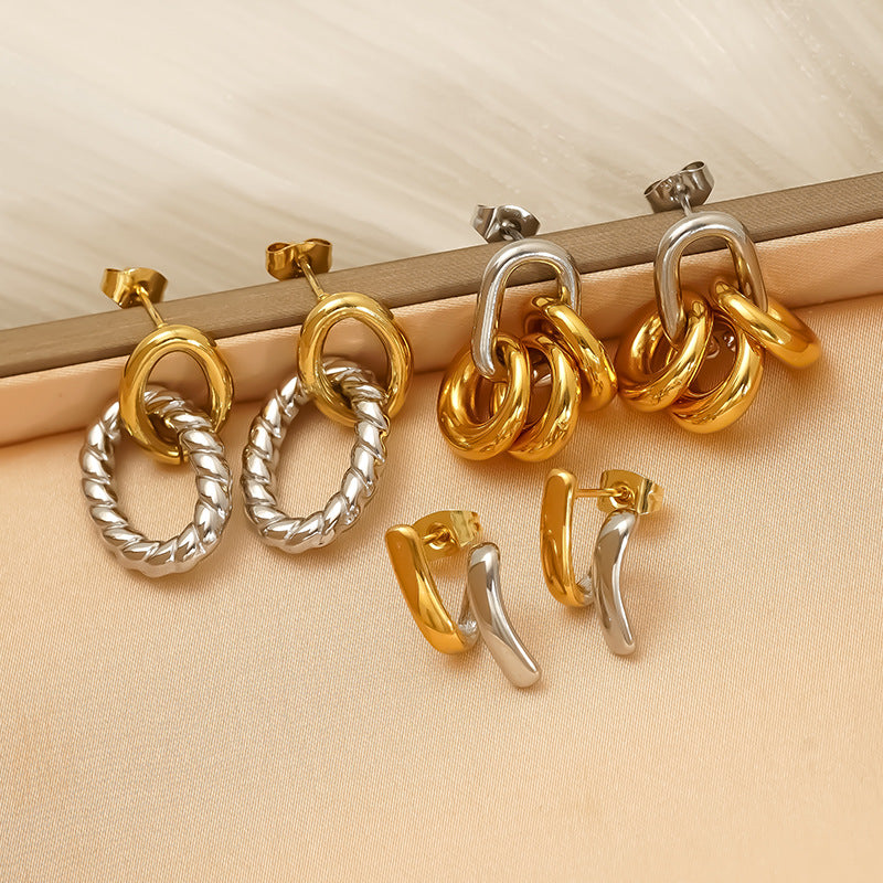 Wholesale Oval Color Matching Circle Earrings Gold and Silver Twist Chain Stainless Steel Earrings
