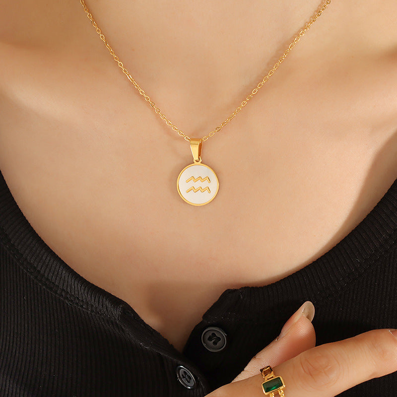 Wholesale Inlaid White Seashell Zodiac Pendant Plated 18K Real Gold Necklaces