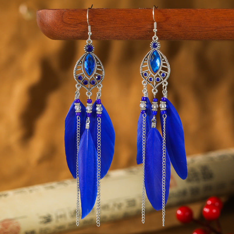 Wholesale Waterdrop Feather Retro Dot Diamond Chain Small Fresh Earrings