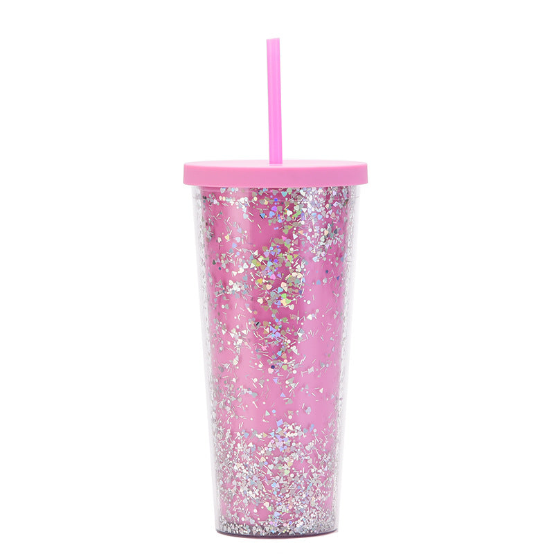 Wholesale  24OZ Double Layer Plastic Cup Sequins Glitter Creative Water Cup with Straw