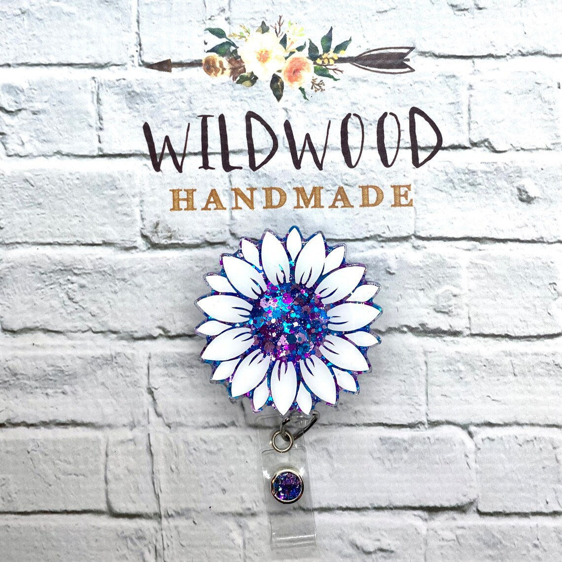 Wholesale Badge Reels Acrylic Glitter Sequins Seven Color Sunflower Retractable Keychain