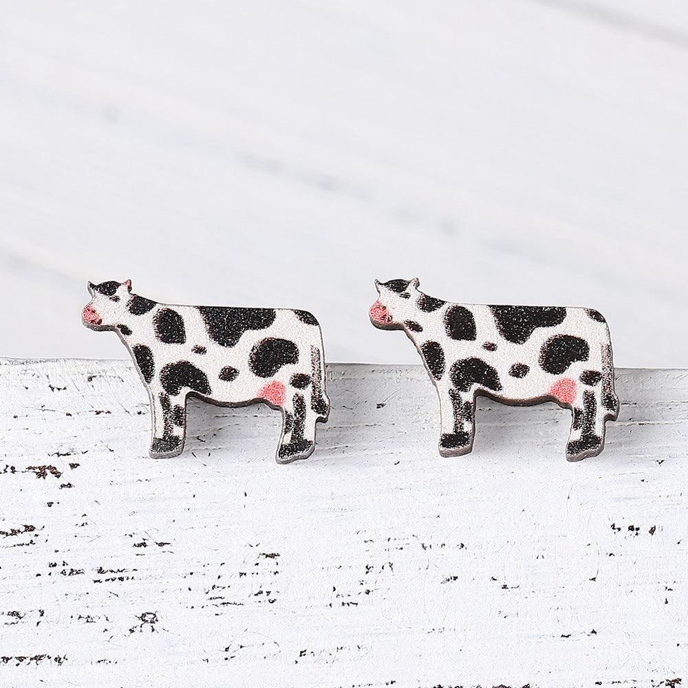 Wholesale  New Ethnic Western Denim Jewelry Dairy Pattern Love Cow Earrings Cute Wooden Earrings