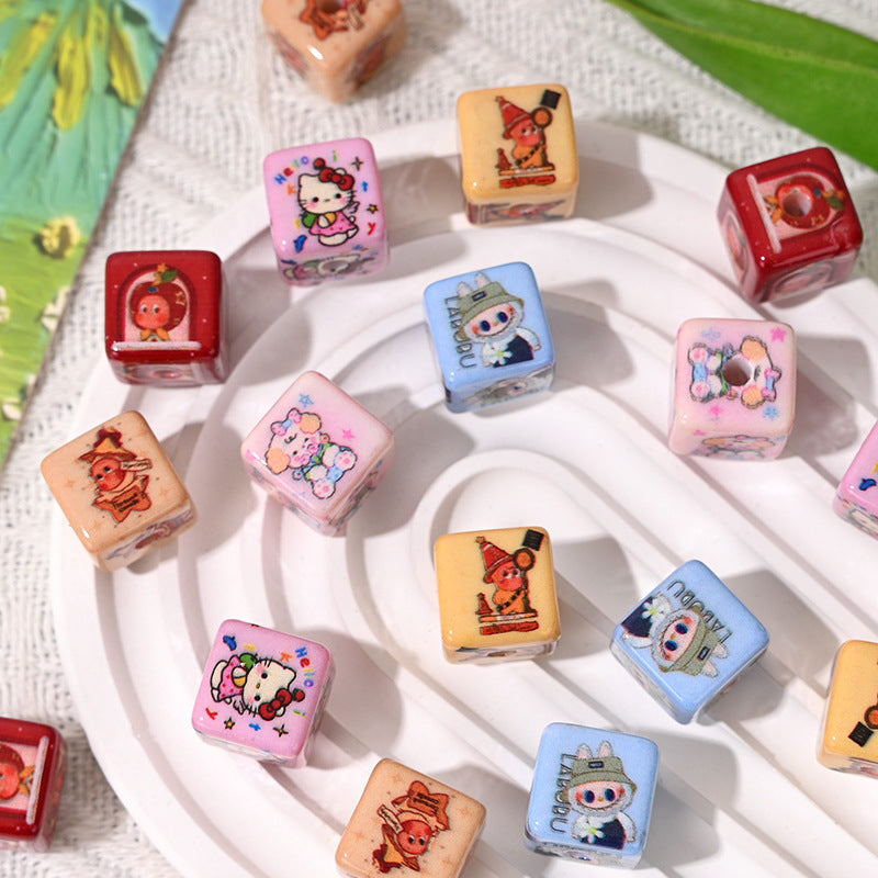 Wholesale  10pcs/pack  Cartoon square bead printed character bead  Acrylic Beads