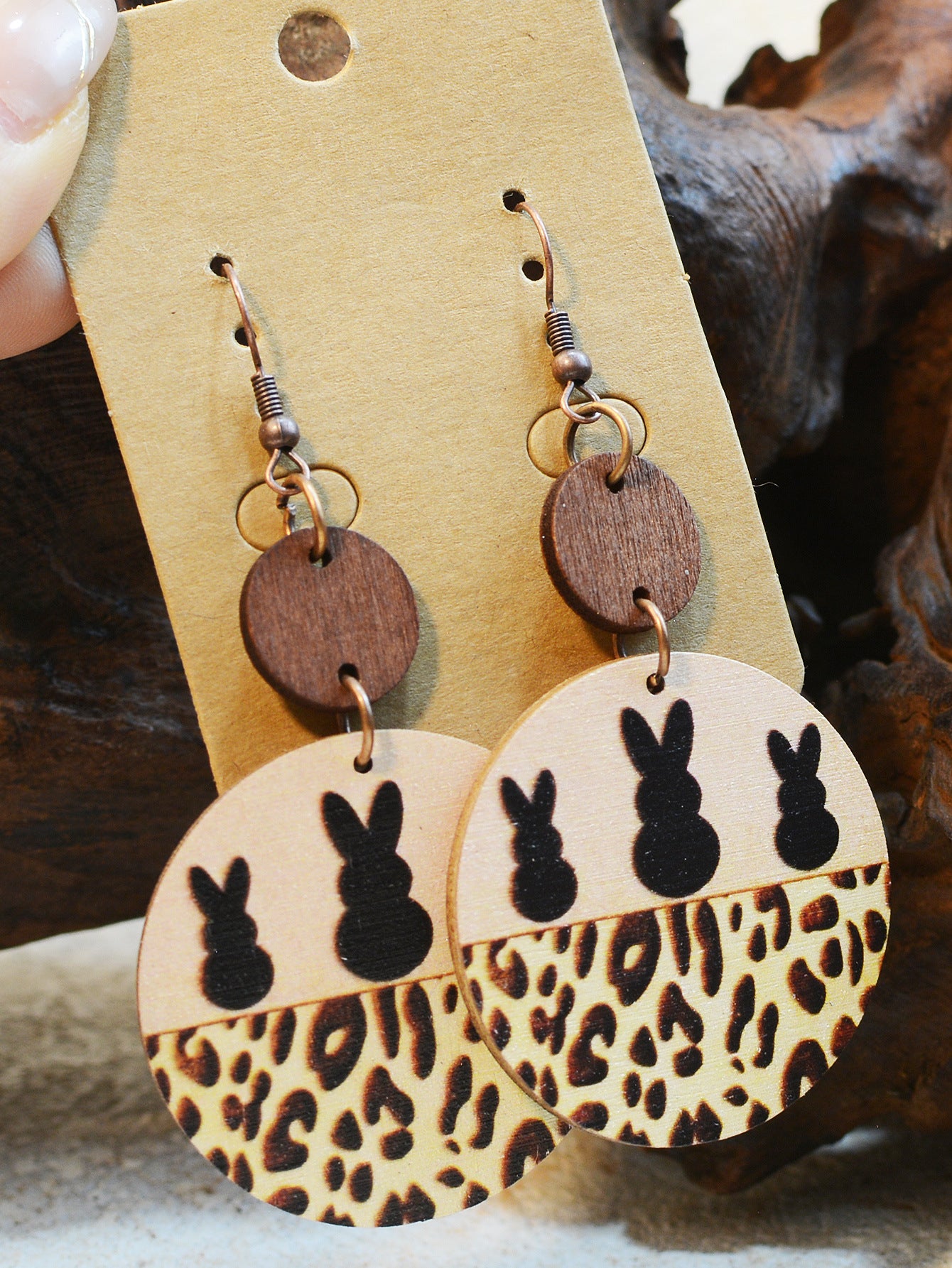 Wholesale Vintage Leopard Print Wood Chip MAMA Round Earrings