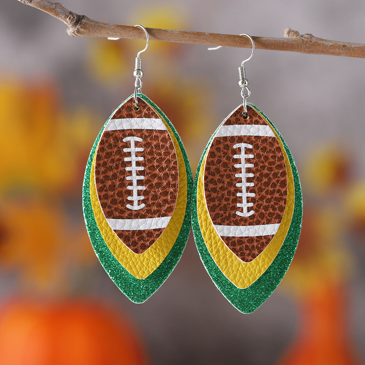 Wholesale Rugby Sequins Three-layer Leather Water Drop Pendant Earrings Sports Ear Jewelry