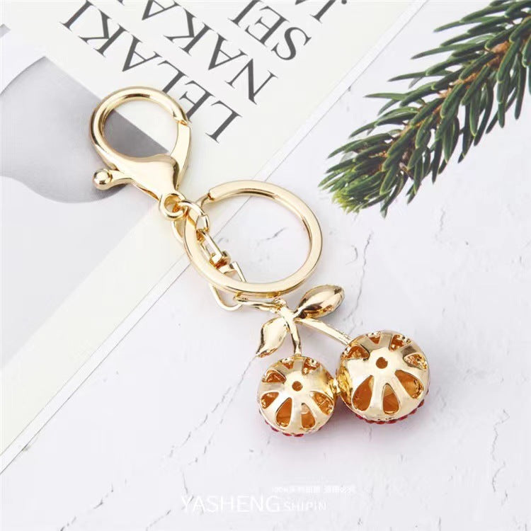 Wholesale Creative alloy rhinestone fruit Cherry keychain female cute fashion exquisite bag key chain car pendant