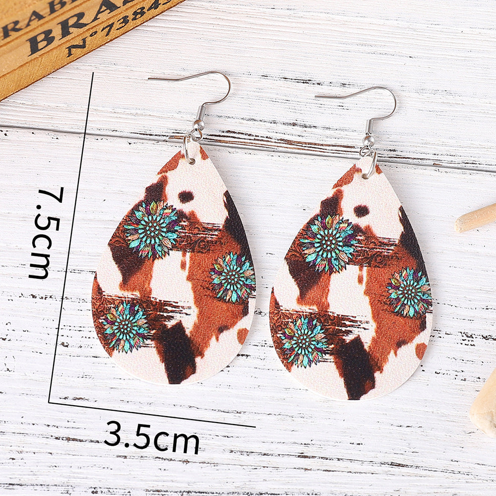 Wholesale cow pattern turquoise sunflower earrings double-sided PU leather drop earrings
