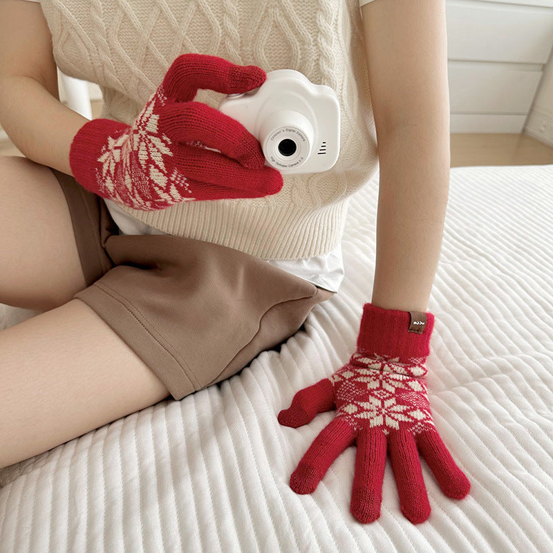 Wholesale Christmas Red Wool Knitted Warm Touch Screen Split Finger Gloves