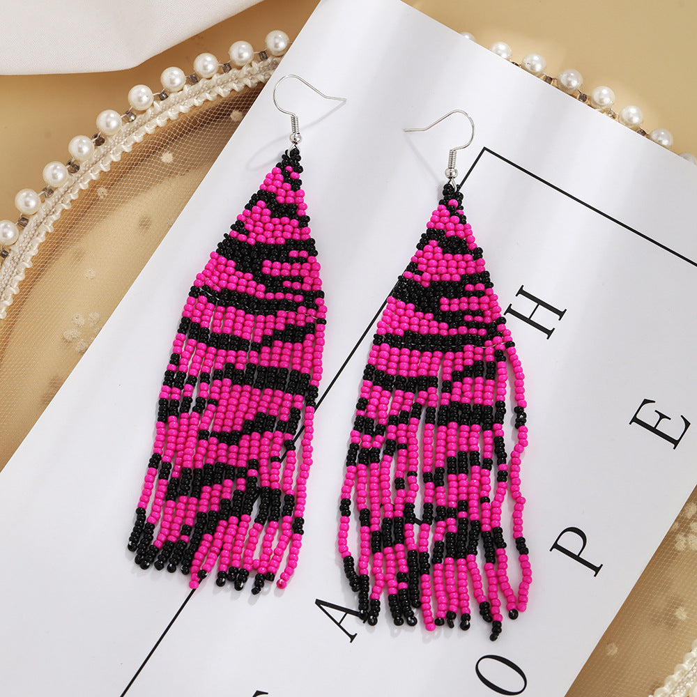 Wholesale Leopard Grain Rice Bead Tassels Hand Woven Earrings