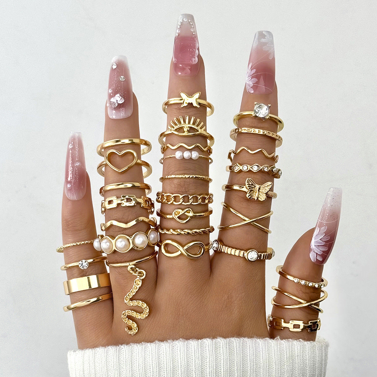 Wholesale Retro Butterfly Flower Moon Ring Punk Snake Stacking Joint Ring Set