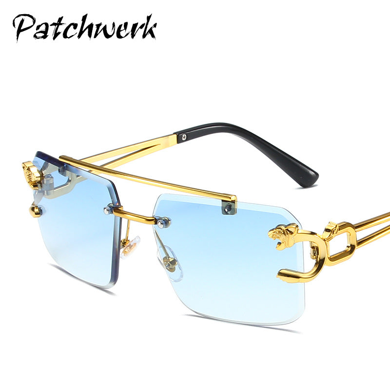 Wholesale Trendy frameless trimming sunglasses leopard head women's outdoor travel sunglasses fashionable wear pull-up glasses men