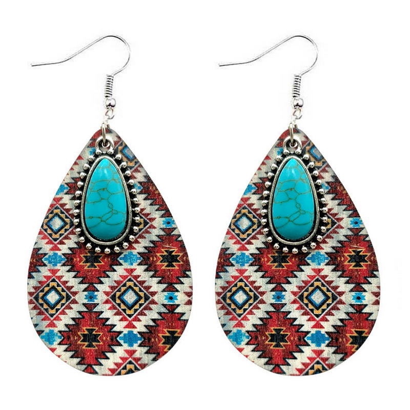 Wholesale Western Style Aztec Turquoise Ethnic Style Leather Drop Earrings