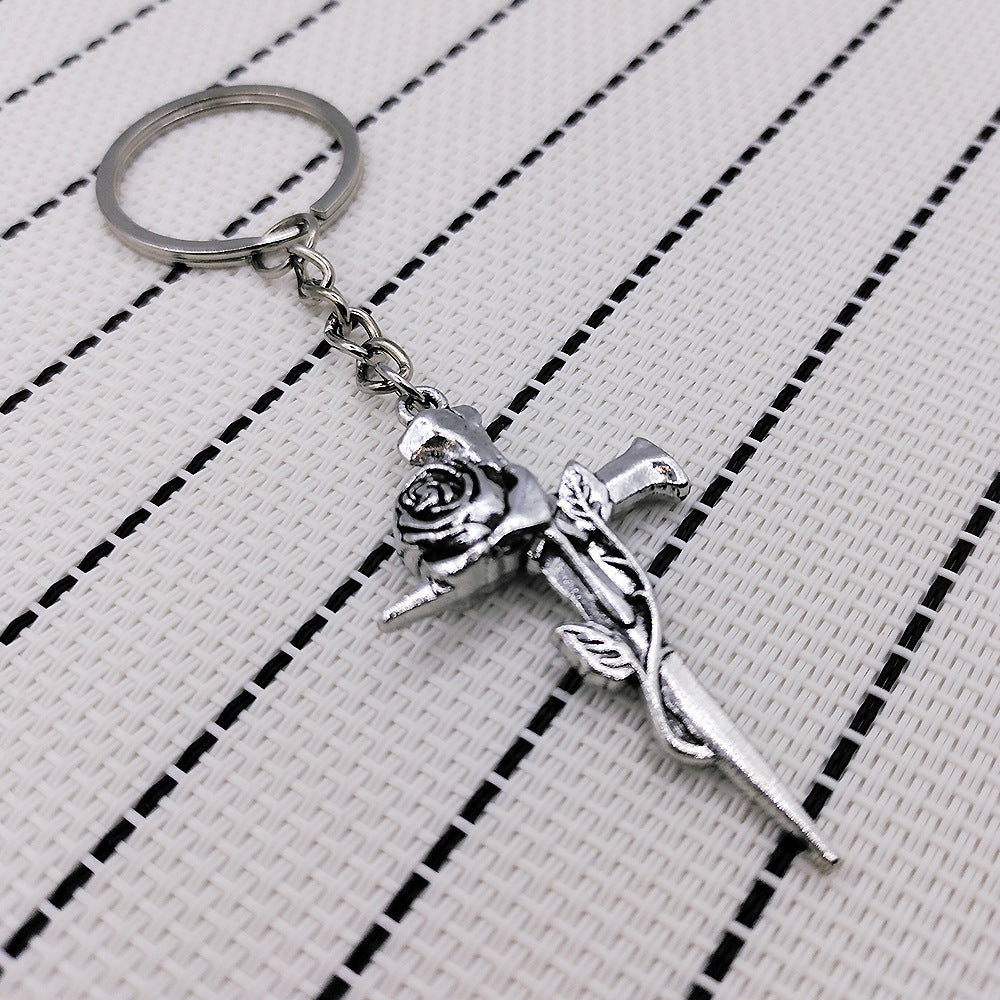 Wholesale Goth Rose Cross Keychain