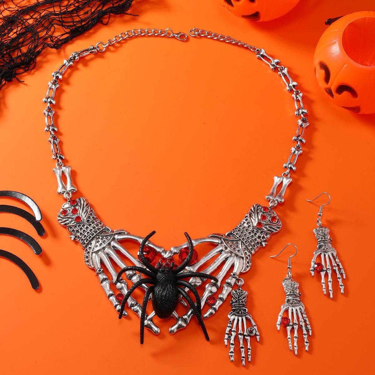 Ghost Hand Skull Necklace Earrings Halloween Jewelry Set