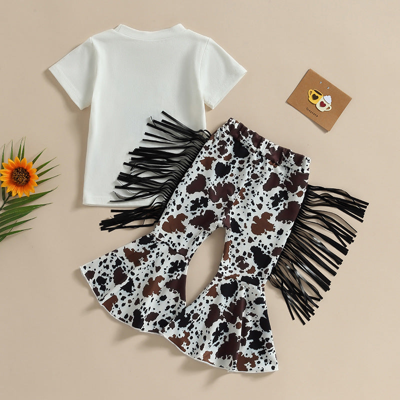 Wholesale Cotton Children's MOODY Cow Head T-shirt Tassel Flared Pants Set Two-piece Set