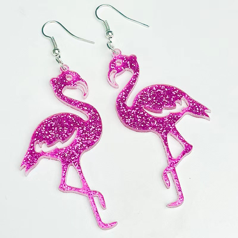 Wholesale glitter acrylic pink Valentine's Day fun cute Flamingo earrings
