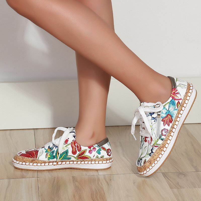 Wholesale Flower Side Zipper Casual Shoes Flat Large Size  PU Women's Shoes