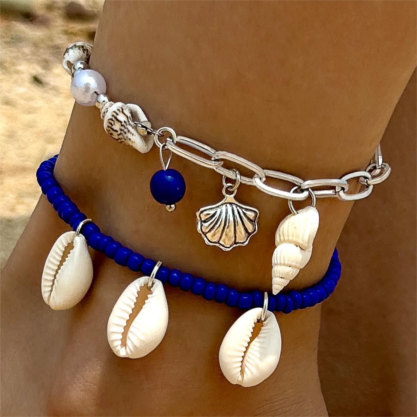 Wholesale Holiday style bohemian beaded stacking anklet starfish turtle shell pendant anklet five-piece set