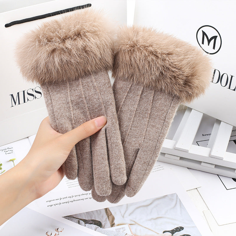 Wholesale wool plus fluffy mouth touch screen women's autumn and winter warm fashion cycling windproof gloves